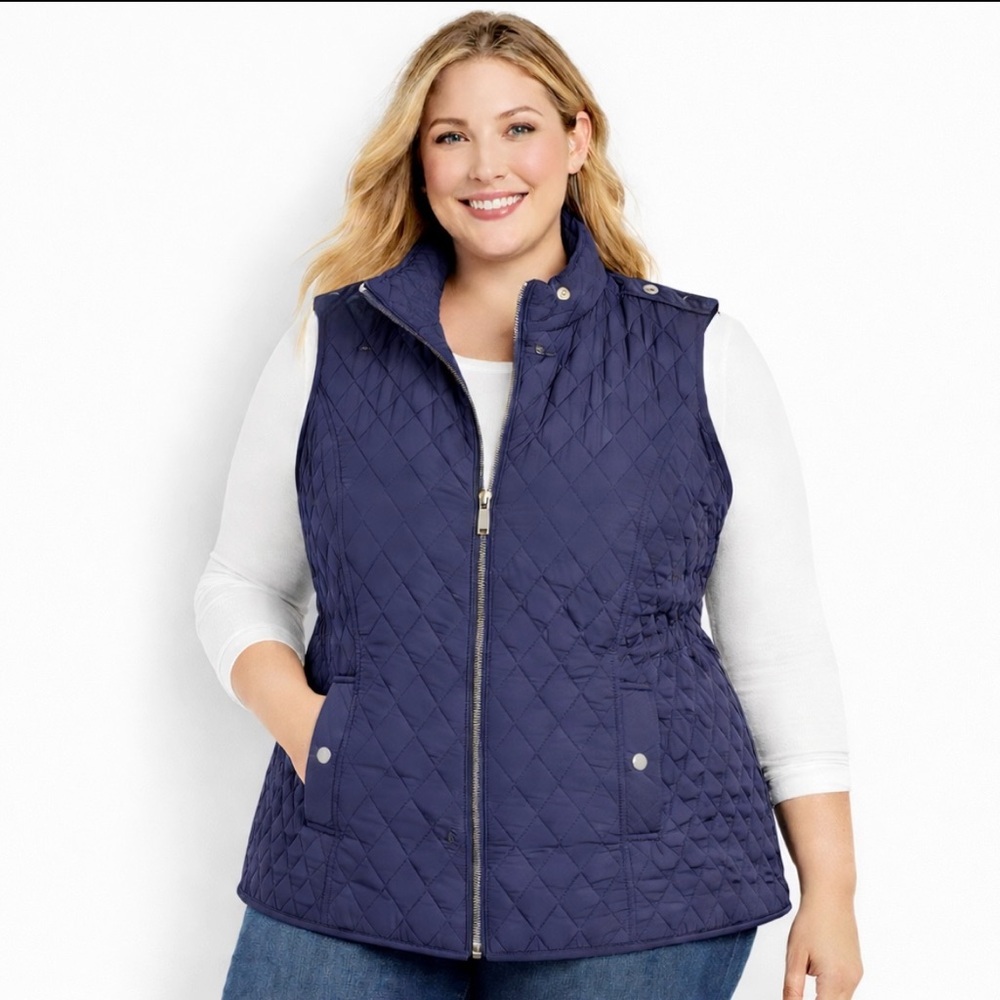 Talbots Women's Quilted Vest Navy Blue 3X Fleece Lined, Pockets Coastal Grandma